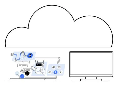 Laptop displaying AI robot, workflow charts, and communication icons with lar Stockillustratie