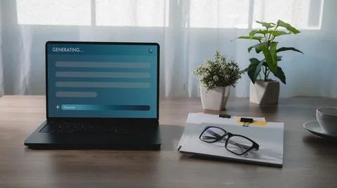 Laptop displaying AI text generation interface on desk with document clipbo.. Stock Photos