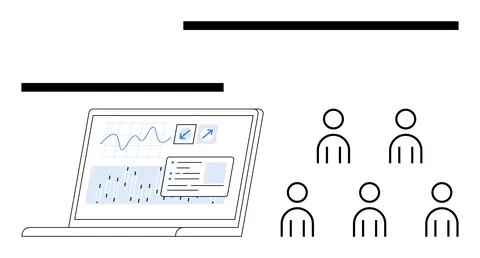 Laptop Displaying Analytics and Group of People Representing Data Sharing a.. Stockillustratie