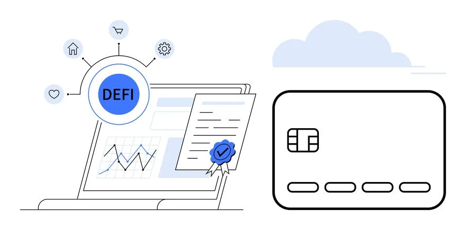 Laptop displaying analytics with documents and a verified seal. Nearby, a sec Stock Illustration