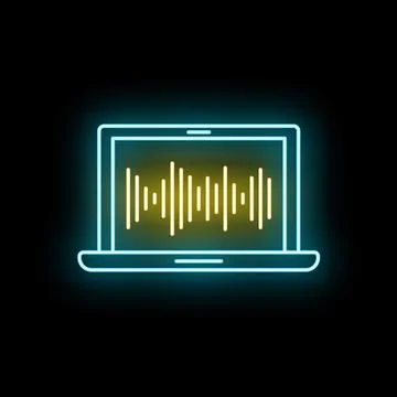 Laptop displaying audio waveform neon glow illustration Stock Illustration