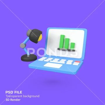 Laptop Displaying Bar Chart with Desk Lamp isolated 3d render icon illustrati PSDテンプレート