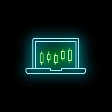 Laptop displaying bright neon candlestick stock market chart Stock Illustration