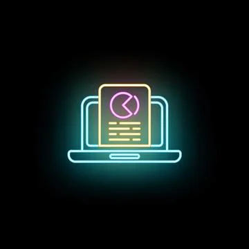 Laptop displaying business data analysis report neon icon Stock Illustration