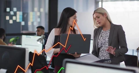 Laptop displaying chart overlay driving team members examining folder data Stock Footage 327848174
