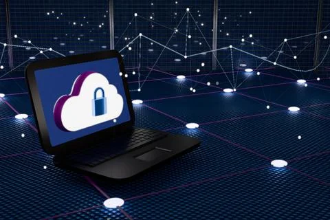 A laptop displaying a cloud security icon on a digital network background. Illustrazione stock