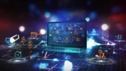 Laptop displaying complex data analysis and digital information processing Stock Footage 304759467