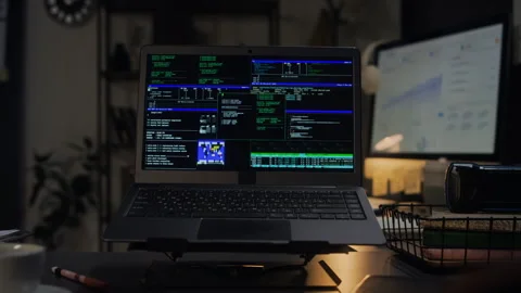 Laptop Displaying Cyber Security Code in Dark Office at Night Stock Footage 338413156