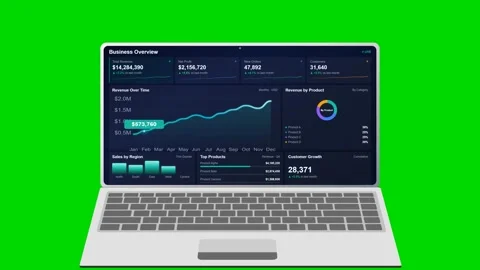 Laptop displaying dark business data dashboard on green screen. 4K Video stock 341694540