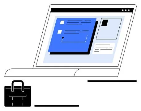 Laptop displaying a dashboard with data cards, text, and shapes. Includes a b Stock Illustration