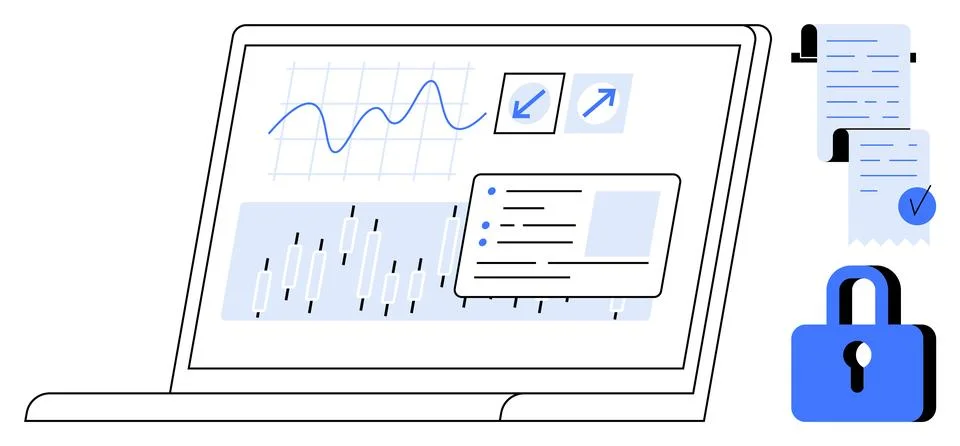 Laptop Displaying Data Analysis and Security Features with Locked Padlock Stock Illustration