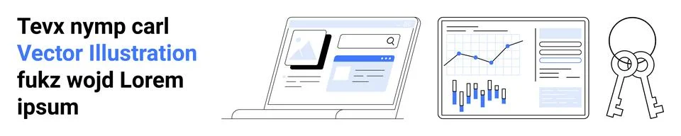 Laptop displaying data analysis, graphs, and charts. Adjacent keys symbolizin イラスト素材