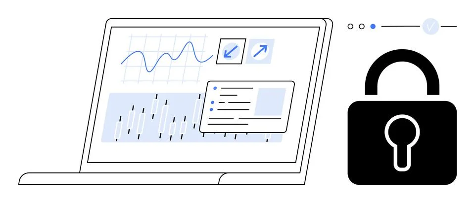 Laptop Displaying Data Analysis Next to a Padlock Representing Cybersecurity Illustrazione stock