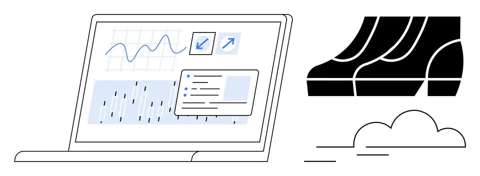 Laptop Displaying Data Analytics with Moving Steps and Cloud Illustration Stock Illustration