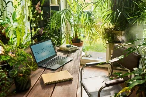 Laptop Displaying Data Chart on Wooden Desk in Greenhouse Office Fotos de archivo