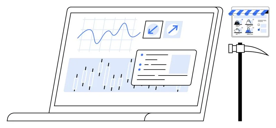 Laptop displaying data charts, graphs, and icons, illustrating data mining in イラスト素材