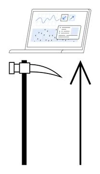 Laptop Displaying Data with Graphs, Hammer and Arrow Signifying Growth and イラスト素材