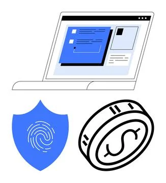 Laptop displaying data, security shield with fingerprint, coin symbol with do Stock Illustration