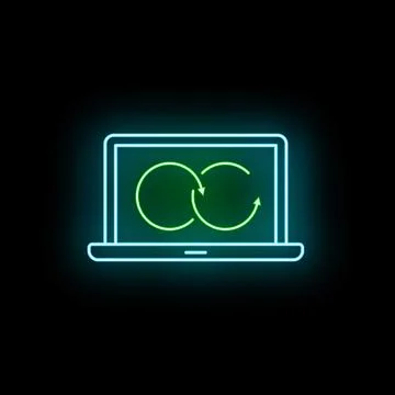 Laptop displaying data synchronization update process neon concept Illustrazione stock