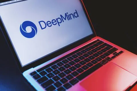 Laptop Displaying DeepMind AI Logo on White Background.. Stock Photos