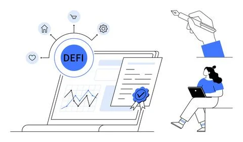 Laptop displaying digital certificate with analytics graphs, icons for home,  Illustrazione stock