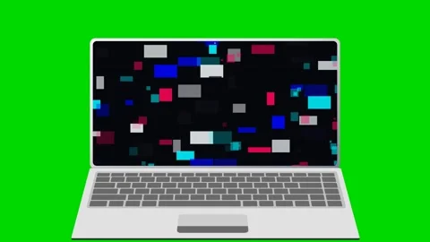 Laptop Displaying Digital Glitch Pattern on Green Screen 4K Stock Footage 338328301
