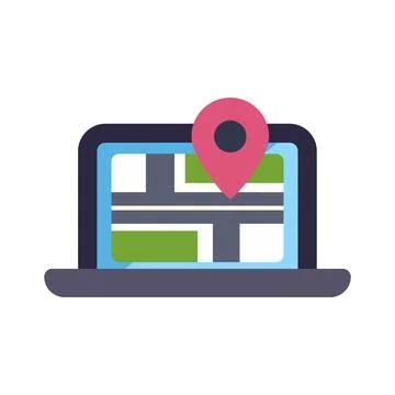 Laptop displaying digital map with location pin icon Ilustración de archivo