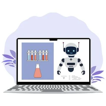 Laptop displaying digital robot and lab equipment illustrations, suitable f.. Stock Illustration