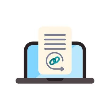 Laptop displaying document with backlink symbol and refreshing arrow Stock Illustration