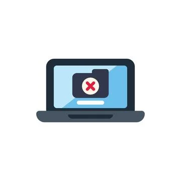 Laptop displaying empty folder icon with red cross mark, data loss concept Stock Illustration