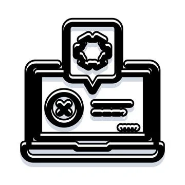 Laptop displaying an error notification and settings icon イラスト素材