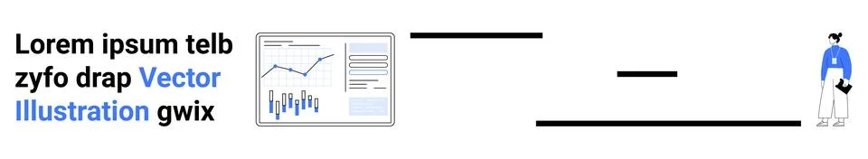 Laptop displaying financial analytics, lorem ipsum text, and a casually dress Illustrazione stock