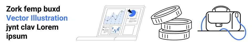 Laptop displaying financial graphs, stack of coins, and work bag. Ideal for b Stock Illustration