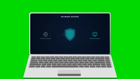 Laptop displaying firewall blocking cyber attack on green screen. 4K Stock Footage 342114785