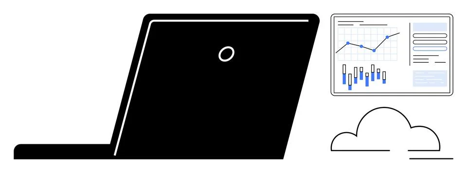Laptop Displaying Graphs and Data with Cloud Symbol, Representing Data Anal.. Stock Illustration