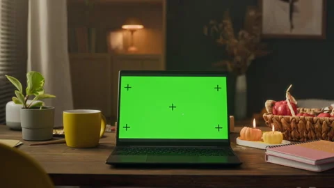 Laptop Displaying Green Screen in Cozy Autumn Home Office Stock Footage 340312697