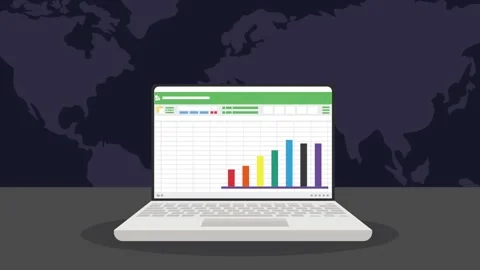 Laptop displaying growing bar chart on spreadsheet with world map backgroun.. Video stock 339045790