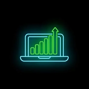Laptop displaying growing bar chart with neon glow Illustrazione stock