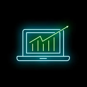 Laptop displaying growing financial chart neon icon 스톡 일러스트