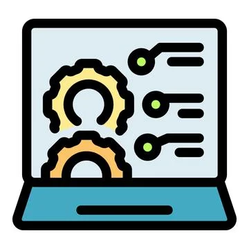 Laptop displaying interconnected gears, representing workflow automation, pro Stockillustratie