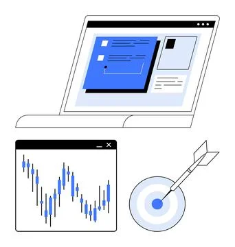 Laptop displaying interface, a financial chart, and a dart hitting a target.  Stock Illustration