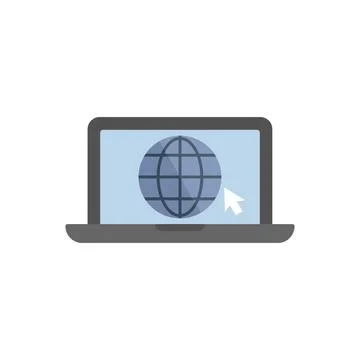 Laptop displaying internet web browser with mouse cursor clicking globe icon Illustrazione stock