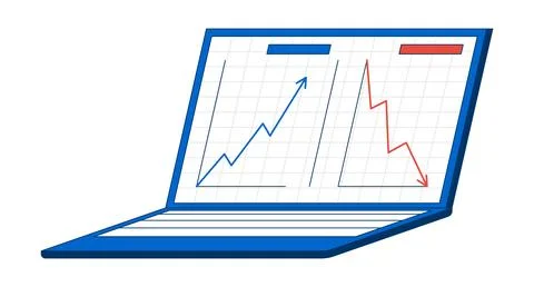 Laptop displaying line graphs with upward, downward trends 2D cartoon object Stock Illustration