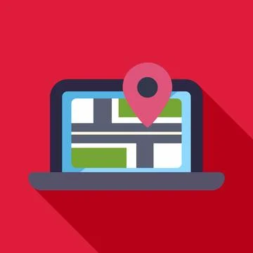 Laptop displaying map with gps location pin icon Stock Illustration