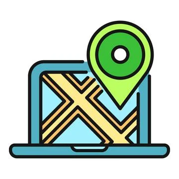 Laptop displaying map with gps location pin icon Stock Illustration
