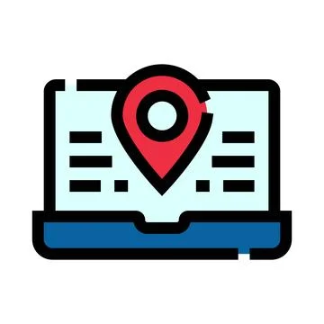 Laptop displaying map pin location and navigation route Illustrazione stock