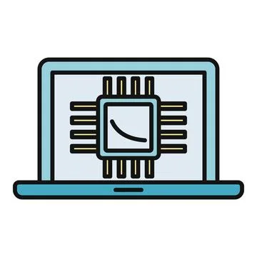 Laptop displaying microchip processor technology and digital data Illustrazione stock