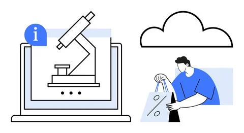 Laptop displaying microscope, cloud icon, and a person holding shopping bags. Illustrazione stock