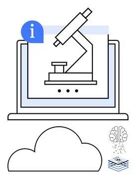 Laptop displaying a microscope, information icon, cloud shape, AI brain with  Illustrazione stock