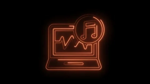 Laptop displaying music waveform with glowing neon style isolated on black Stockbeeldmateriaal 322963362